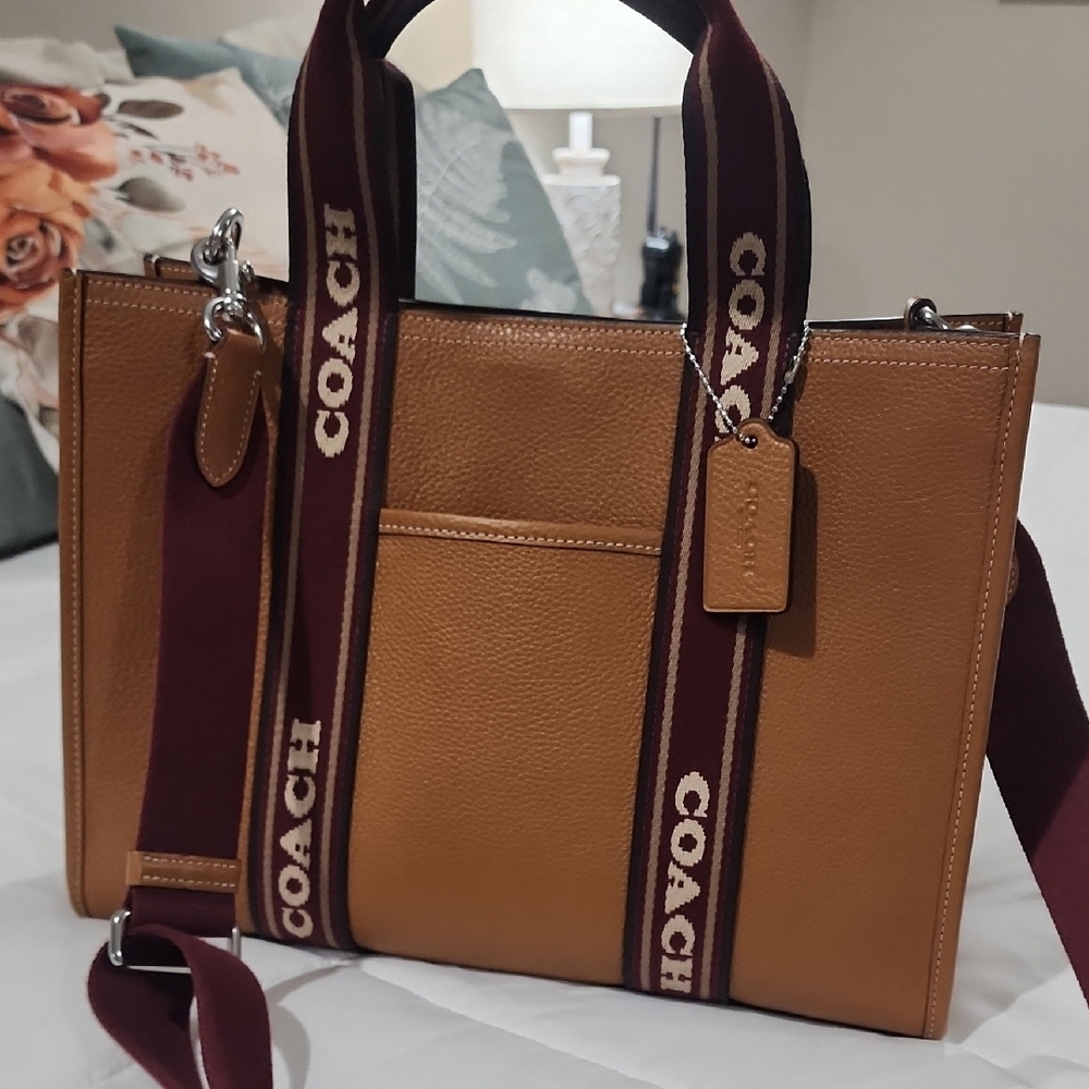Coach Tan Leather Tote with Burgundy Strap